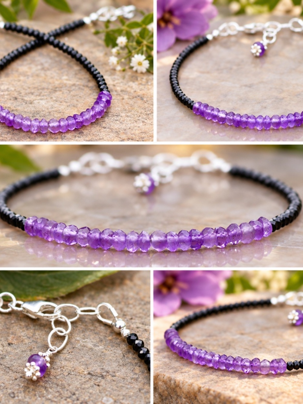 Natural Black Spinel and Amethyst Bracelet Sterling Silver, 7.15" to 7.9"